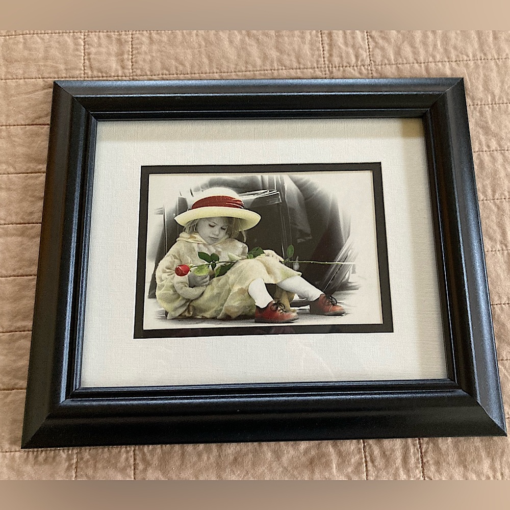 Kim Anderson - Little Girl with red rose picture with black frame and matting